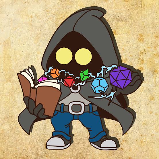Ilustrasi dungeon master memegang buku dan dadu D&D